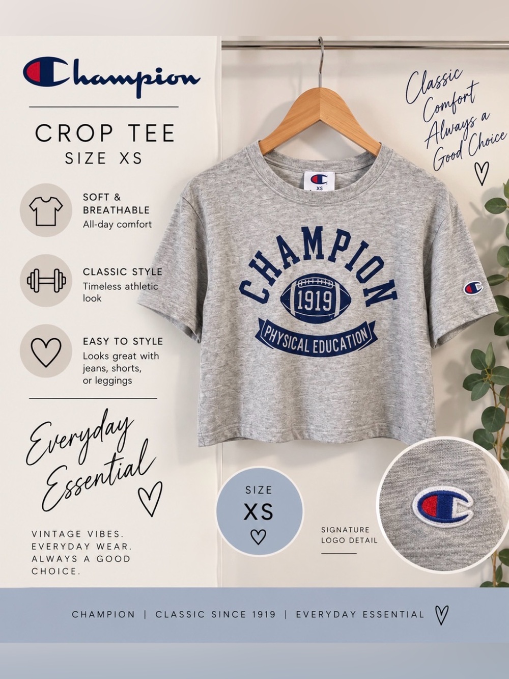 Champion Light Gray Crop Tee with Navy Football Graphic